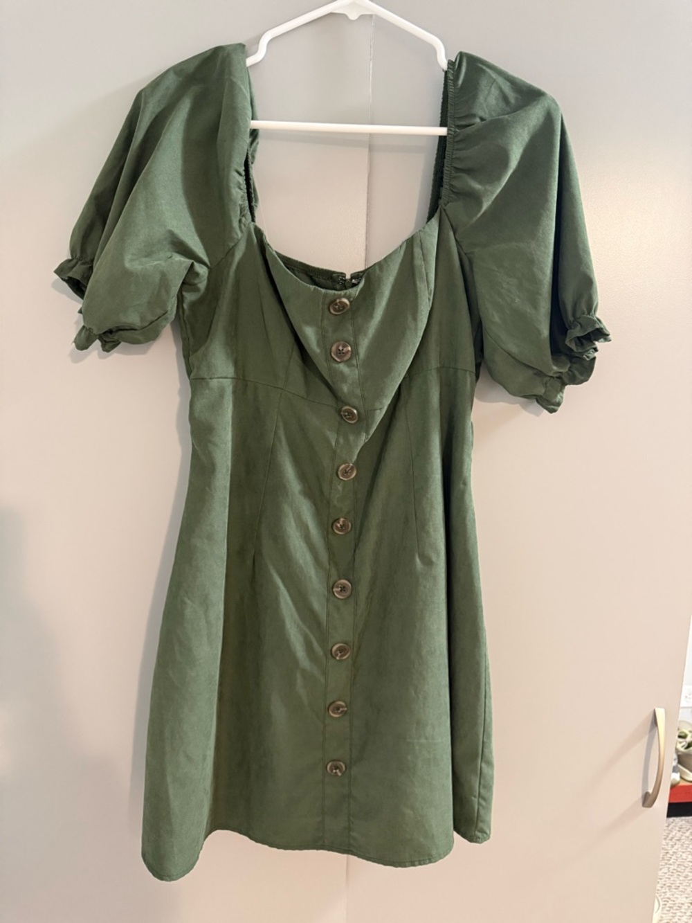 Francesca's Collections Olive Green Puff-Sleeve Button-Front Mini Dress